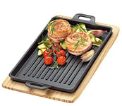 Küchenprofi BBQ Grill Pan Cast Iron Grooved on Wooden Board, Square, 32 x 22 x 3.5 cm, Cast Iron Grill Pan for Gas Grill, Oven, Firepit, All Cookers Including Induction, Serving Pan