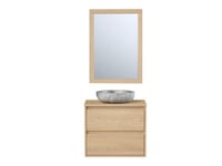 Meuble de salle de bain avec vasque à poser en pierre et miroir - Placage chêne - 60 cm - MILIPAM