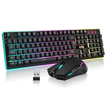 RedThunder K10 Wireless Gaming Keyboard and Mouse Combo, LED Backlit Rechargeable 3800mAh Battery, UK Layout Mechanical Feel Keyboard + 7D 3200DPI Mice for PC Gamer (Black)