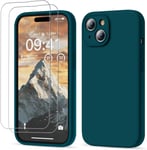 3 En 1 Coque Iphone 15 Silicone Liquide - Avec 2 Verre Trempé - Étui Protection Précise De Caméra [Résistant Aux Rayures] [Antidérapant] Iphone 15 Case 6.1"", Vert Foncé