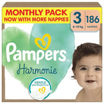 Pampers Harmonie Baby Nappies Size 3, 186 Nappies, 6kg-10kg, Monthly Pack, Gentle Skin Protection Cushiony Soft