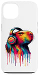 Coque pour iPhone 13 Capybara arc-en-ciel avec écouteurs Capybara coloré drôle