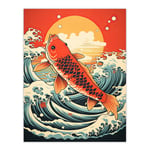 Japan Koi Carp Fish Leaping From The Sea At Sunset Great Wave Off Goldfish Artwork Large Wall Unframed Art Poster Print Thick Paper 18X24 Inch