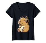 Womens Capybara Wearing Headphones Music V-Neck T-Shirt