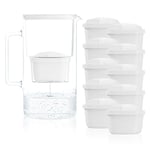 Wessper Carafe Filtrante en Verre avec dix Filtres pour Carafes, Compatibles avec Brita Maxtra, Brita Maxtra+, Grande capacité 2,5l, Kit Carafe + 10 cartouches- Blanc