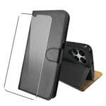 Leather Wallet Flip Case for Samsung Galaxy M33 and Glass Screen Protector Black