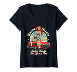 Womens Racing Hearts, One Lap At A Time Pinup V-Neck T-Shirt