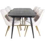 Gold ensemble table, table extensible longueur cm180 / 220 noir et 6 Velvet Deluxe chaises Velours beige, laiton décor.