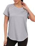 Gyabnw Women's Sports T-Shirt Gym Tops for Women Crew Neck Back Mesh Yoga Workout Running Fitness Athletic Short Sleeves Tee Light Grey