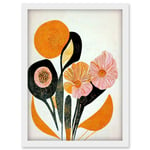 Abstract Painting Linocut Style Flowers In Autumn Pastel Pink Brown And Orange Artwork Framed Wall Art Print A4