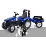 Falk - Tracteur enfant New Holland avec remorque 3 à 7 ans + Pack de 4 bandes de roulement silencieuses