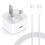 iPhone 16 Pro Charger [MFi Certified] USB C Plug 20W PD Fast Charge + 6FT USBC to C Charging Cable for iPhone 16/15/15 Pro/16 Plus/15 Plus/15 Pro Max, iPad Pro/Air/Mini UK Power Adapter Wall PowerPort