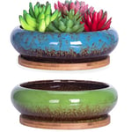 ARTKETTY Lot de 2 grands Pots de Plantes succulentes avec drainage, Pots de bonsaï Peu Profonds avec Plateaux, Bol en céramique pour Plantes de Cactus d'intérieur et d'extérieur