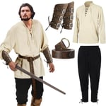 Costume de Renaissance pour homme - 5 t-shirts à manches longues - Pantalon lié à la cheville - En cuir synthétique - Attelles de bras à boucle - Ceinture viking - Accessoire pour Halloween - Pirate