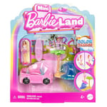 Barbie Coffret Mini-BarbieLand Véhicule de Plage, avec poupée de 3,8 cm, décapotable de plage qui change de couleur et accessoires de plage, JCR35