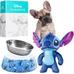 Disney Stitch Dog Toy and Food Bowl Set Squeaky Soft Toy Non Slip Food Bowl - Dog Gifts (Blue Stitch)