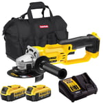 Dewalt DCG412N 18V XR 125mm Angle Grinder with 2 x 4.0Ah Batteries Charger & Bag