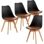 H.j Wedoo - Lot de 4 Chaises de Salle à Manger Scandinaves, Chaises de Cuisine Classique avec Coussin en Cuir Marron & Bois de Hêtre Massif, Noir &