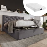 Lit coffre Lit double Lit adulte 160 x 200 cm avec sommier à lattes en métal, en coton, gris, matelas inclus