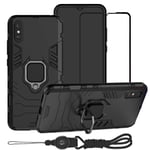 BTShare For Xiaomi Redmi 9AT /Redmi 9A Case with Tempered Glass Screen Protector & Lanyard Neck Strap, Heavy Duty Armor Defender Anti-Scratch Kickstand Shockproof Cover & Ring Grip, Black
