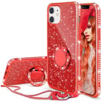 Coque iPhone 12 Mini,Glitter Coque + Lanière Paillette Brillant Strass iPhone 12 Mini Cover,Housse avec Bague Béquille,rouge