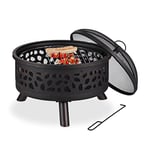 Relaxdays Braséro avec Grille de Barbecue, Pare-étincelles et tisonnier, pour Le Jardin, Ø 60 cm, Acier, Bronze