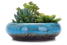 VanEnjoy Grand Pot de Fleurs Rond en céramique émaillée avec Trou de Drainage, Pot de bonsaï, Support de Cactus décoratif pour Jardin, Pot de Fleurs (Bleu)