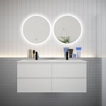 Ensemble meuble double vasque L.120cm 4 tiroirs + lavabo + 2 LED miroirs rond 60cm,blanc