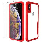 ORETECH Coque pour iPhone X et iPhone XS (5.8 Pouces) avec 2 Verre Trempé Protection écran,Etui pour iPhone XS Silicone TPU Souple Bumper Dos Rigide Transparent Housse pour iPhone X/XS Coque,Rouge