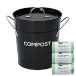 Black Compost Caddy & 150x 6L Biobags - Kitchen Compost Bin - Metal Pail