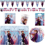 Procos 10210595 – Kit de fête XXL Disney Frozen 2, 45 pièces, 8 assiettes, 8 gobelets, 20 serviettes, 1 nappe, 6 sacs de fête, 1 guirlande de fanions, 1 bannière, vaisselle jetable, vaisselle de fête,