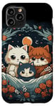 Coque pour iPhone 11 Pro mignon anime chat portrait de famille avec couronne, lune, fleurs