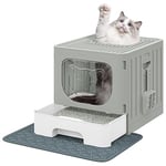 YITAHOME Cat Litter Box with Lid, Large Enclosed Cat Litter Tray, Hooded Splash Proof Cat Toilet with Drawer Pan Litter Scoop, Foldable Cat Litter Tray with Hood(Grey)