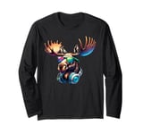 Cool Moose With Sunglasses And Headphones - Fun Retro Animal Long Sleeve T-Shirt