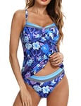 Aottori Femme Maillots de Bain Tankini Top Shorty Rayures 2 Pièces Double up sans Manches Bikini Ensembles Bain Beachwear Swimwear Plage Fleur Bleue XXL