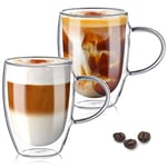 TKNO Double Walled Glass Coffee Mug Cups 350ml with Handle, Set of 2 Hollow Vacuum Sealed Cappuccino Latte Macchiato Glasses, Hand Made, Heat Resistant, Microwave Safe, 350ml Cup