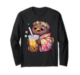 Kiwi Bird Drinking Bubble Tea Japanese Kimono Long Sleeve T-Shirt