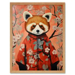 Red Panda in Kimono Cherry Blossom Trees Japan Art Print Framed Poster Wall Decor 12x16 inch