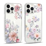 Coalbooliy 2 Pièces Coque pour iPhone 15 Pro 6,1", Silicone Transparente Étui avec Aesthetic Motif Fleur Rose Dessin Ultra Fine Téléphone Housse Antichoc Case Filles Femmes Cover, 04