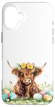 iPhone 16 Plus Highland Cow Spring Cute Easter Pattern Eggs Floral Flowers Case