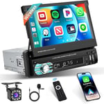 Autoradio 1 Din Carplay Sans Fil Écran Tactile Retractable, Poste Radio Voiture Bluetooth Android Auto Wireless Ecran Voiture 7 Pouces Avec Mirror Link Usb Aux Type-C Caméra De Recul