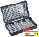 kwb 108955 Coffret de 39 forets à métal HSS avec tige hexagonale, 2 forets à pierre + 3 forets à bois PH, PZ et Torx avec fraise, porte-embout et embouts à douille, gris