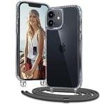 Vaykwo Cordon Coque pour iPhone 12 Mini 5.4'', Coque avec Collier Réglable pour iPhone 12 Mini, Protection Complète Transparente avec Tour de Cou, Gris