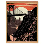 Clifton Suspension Bridge Sunset Contrast Linocut Art Print Framed Poster Wall Decor 12x16 inch