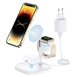 Mag Safe Chargeur avec Bloc d'alimentation 18 W, Station de Charge inductive 3 en 1 Compatible avec iPhone 15/14/13/12, AirPods 3/2/Pro et Apple Watch Wireless Charger