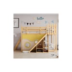Lit superposé enfant 90x200cm, lit enfant avec escalier, toboggan, clôture, rideau de lit et étagères de rangement, Lit bébé avec protection contre