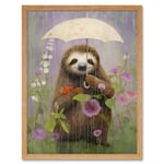 Picking Flowers in the Rain Oil Painting Cute Sloth with an Umbrella in a Wildflower Meadow Kids Bedroom Art Print Framed Poster Wall Decor 12x16 inch