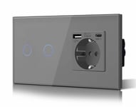 Schuko Interrupteur D'Éclairage, Prise, Encastré, 2 Compartiments, 2 Voies, Prise 3-En-1, Puissance De Charge Usb 2,1 A, Adaptateur De Type C, Station De Charge, Rallonge En Verre, 157 Mm, Gris