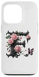 Coque pour iPhone 13 Pro Letter F Initial Floral Monogram Rose Pink Flower Butterfly