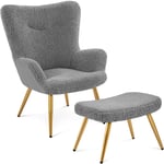 Yaheetech - Fauteuil à Oreilles avec Tabouret en Polyester Fauteuil de Télévision en Ppeluche Design Elégant 67,5 cm × 70 cm × 97,5 cm Gris